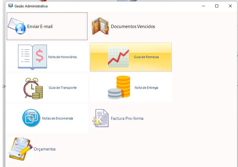 Ecrã de gestão administrativa do SoftBengui2